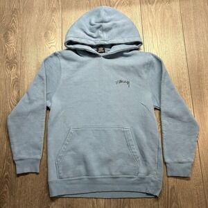 Stussy Basic Logo Hoodie Mens Small Light Blue Pullover Sweatshirt Streetwear